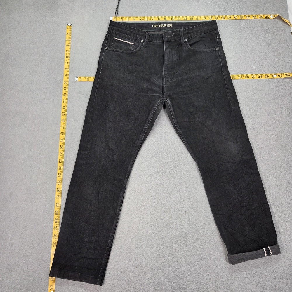 SPAO Jeans Mens 34x26 Black Tapered Selvedge Denim Zip Fly Stretch Casual‎ Pants